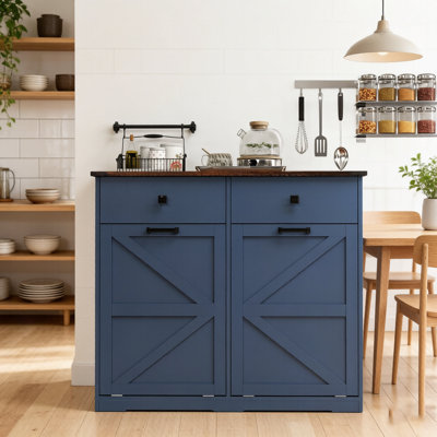 Armoire à déchets basculante de 75 litres avec tiroir, meuble de recyclage dissimulé sur pied, panier à linge, bleu marine antique