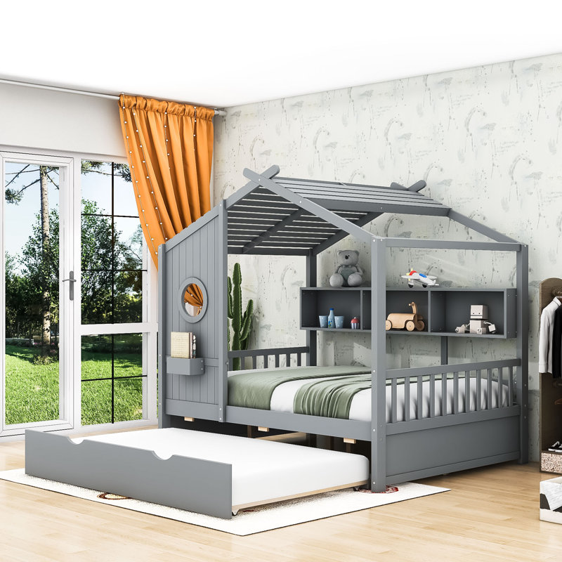 Lit maison avec lit gigogne simple et tablettes de rangement, toit, Gris, Double
