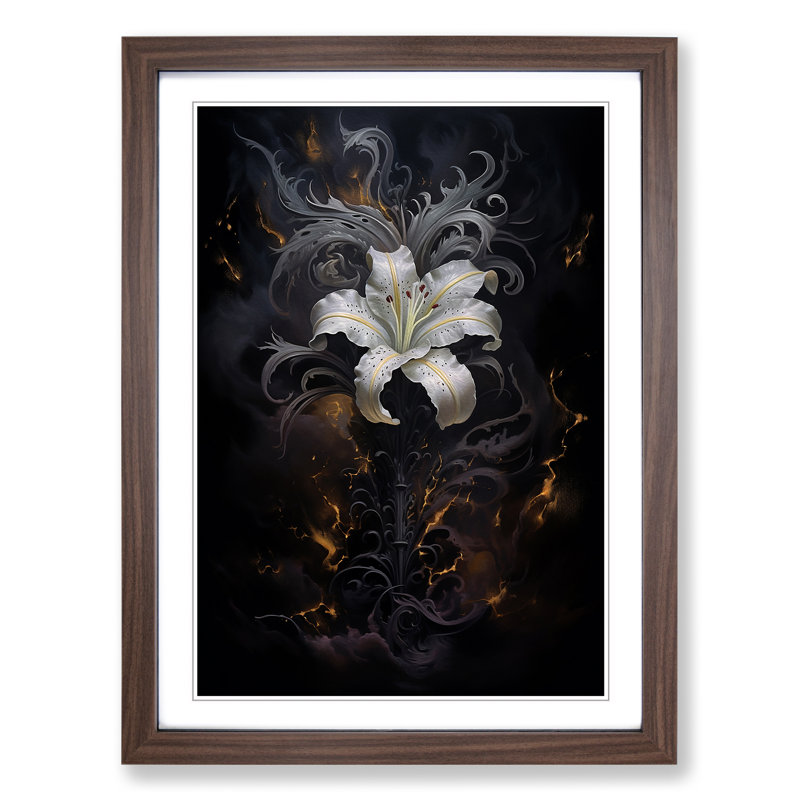 Lily Flower Gothic - Single Picture Frame Print on Wood, 64cm H x 46cm W x 2cm D, Walnut Framed