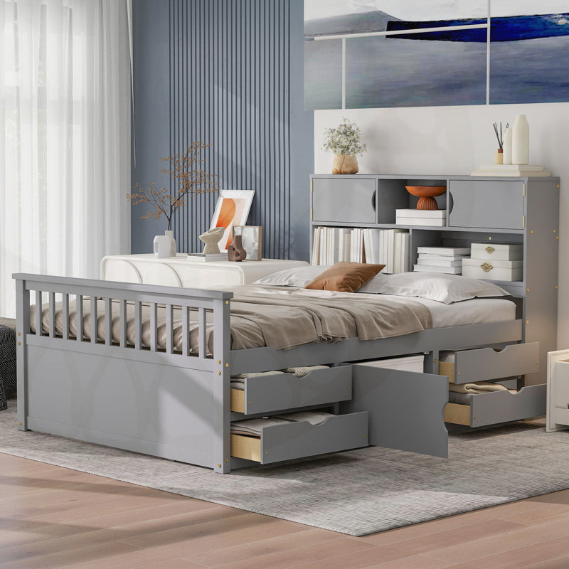Lit avec tablettes, armoires et tiroirs, Gris, Full / Double