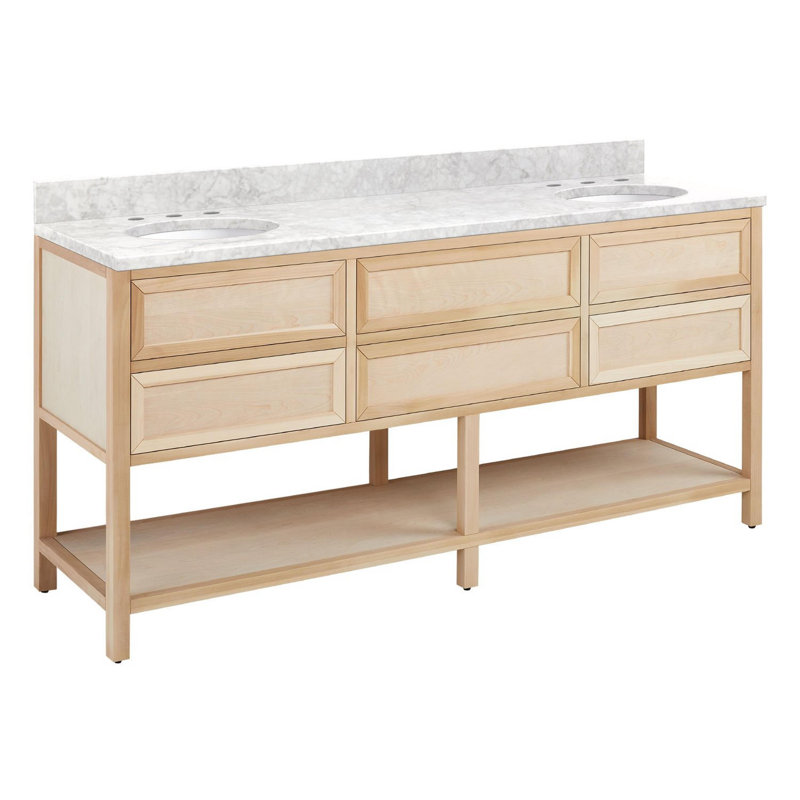 72" Natural Wood Double Bathroom Vanity with Carrara Marble Top