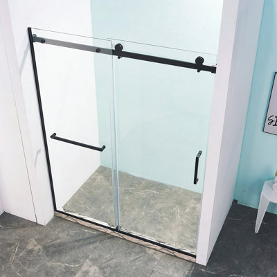 56-60"W X 75"H Sliding Shower Door, 304 Stainless Steel In Matte Black, 5/16" (8Mm) Thick SGCC Tempered Clear Glass.