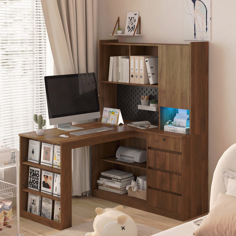 Bureau en L avec chargeur, bureau d'ordinateur avec tiroirs, bibliothèque, avec éclairage à DEL, bureau d'angle moderne, bureau à domicile, bureau d'écriture en L, bureau d'ordinateur de coin avec rangement