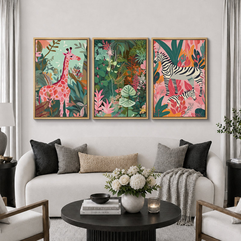 «Bright Preppy Animals» Dreamy Safari, rose, vert, animal, œuvre d'art, H 24 po x l 48 po, Cadre naturel flottant