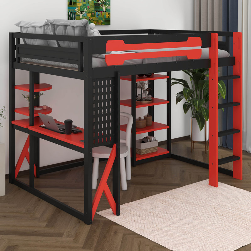 Full Loft Bed With Desk, RGB LED Light & Charging Station, Wood Bed With Desk Underneath, Black/Red