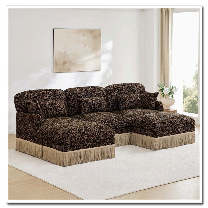 Canapé Comfy Chenille Leopard, Brown+3seat+2Ottomans