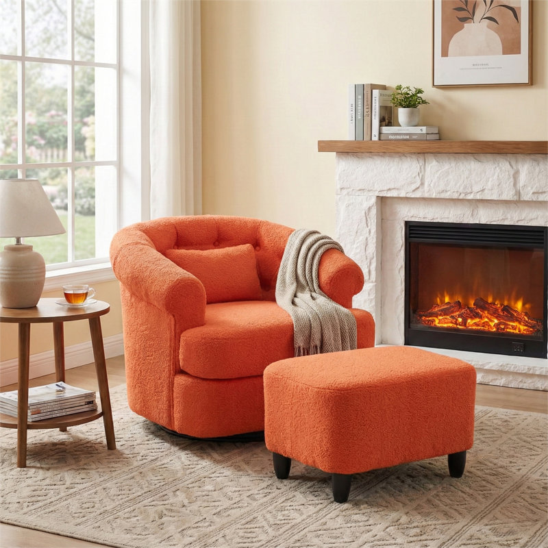 Swivel Barrel Accent Chair With Ottoman Bouclé Upholstery Modern Lounge Set, Orange