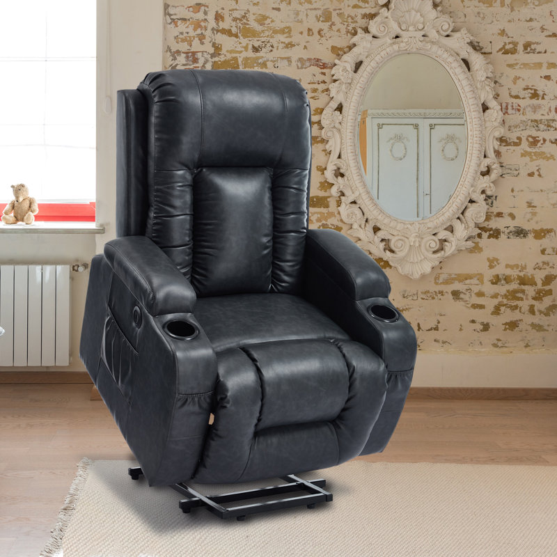 Emalina 39.76"W Breathable Faux Leather Power Recliner, Massage, Heater, Standing Assistance, Dark Gray