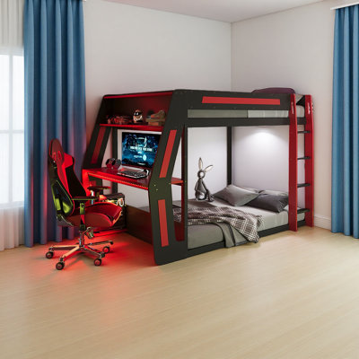 Lit superposé double pleine grandeur avec bureau RVB surdimensionné monté sur le côté, ports de charge USB et œillet pour câble, bande lumineuse à DEL, structure Esoft Loft robuste - conception fraîche