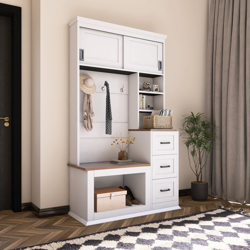 Modern Hall Tree With Bench, Coat Rack And Drawers, White