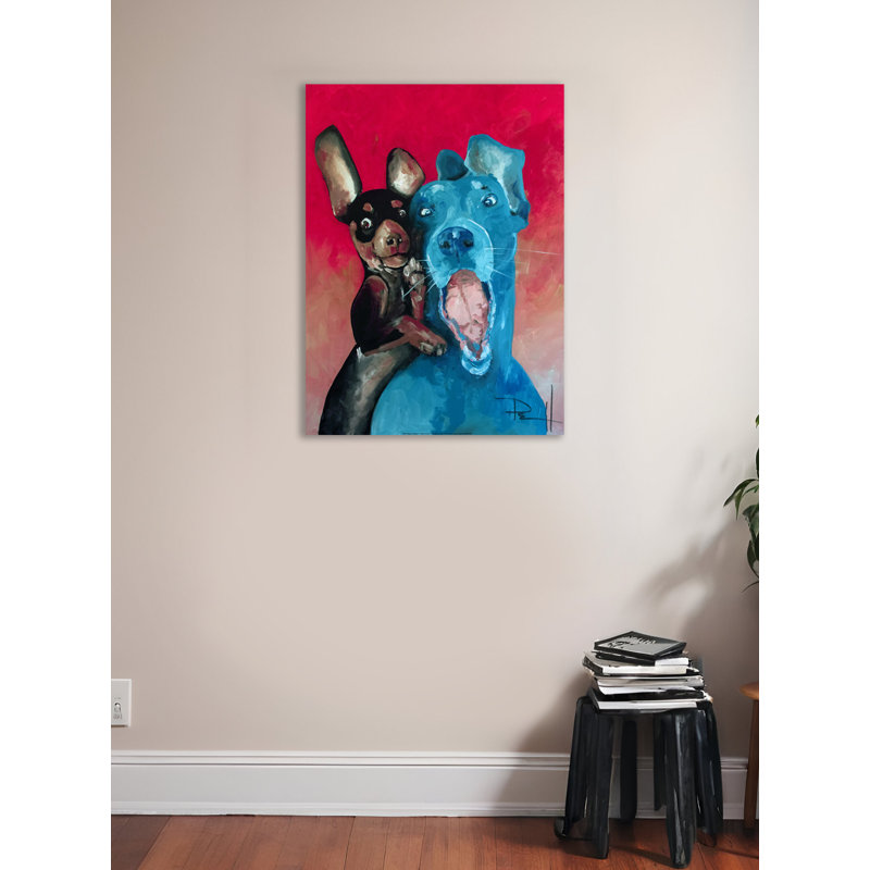 «Sourire des chiens heureux ensemble - Chuck et Larry», reproduction d'art sur toile tendue, H 32 po x l 24 po x p 1,5 po