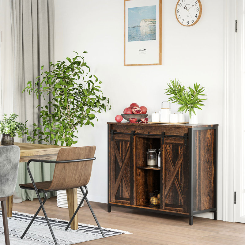 Industrial Sideboard Buffet Cabinet By . Rustic Brown. Storage With Adjustable Shelving. Sliding Door. 35.5" W X 13.5" D 30" H Multifunctional Shelves. Barn Doors For Home, Bar, Living Room.