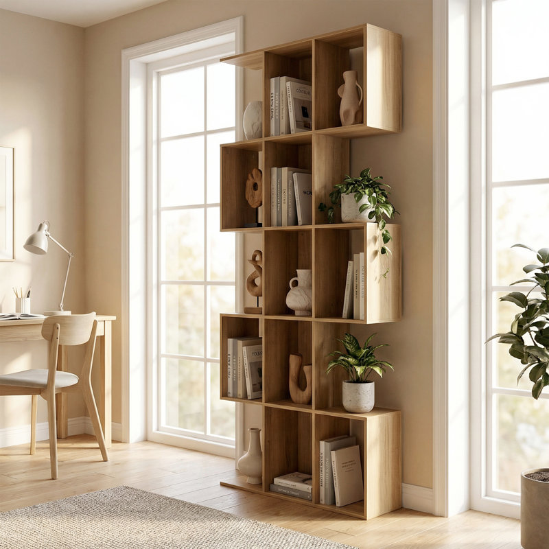 5-Tier Bookshelf, S Shaped Geometric Bookcase, Oak, Oak
