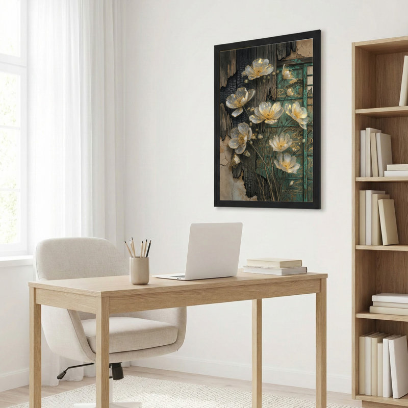Toile noire encadrée en bois noir pour le salon, la chambre à coucher, le bureau ou le vestibule - décoration murale décorative avec bois floral