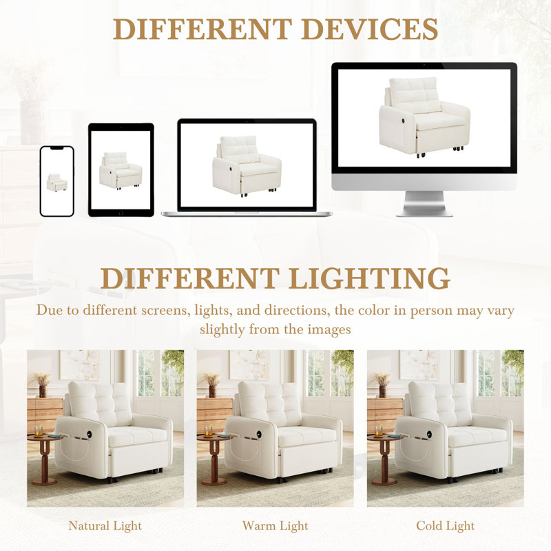 Canapé-lit convertible 3 en 1 avec port USB et rangement, Beige