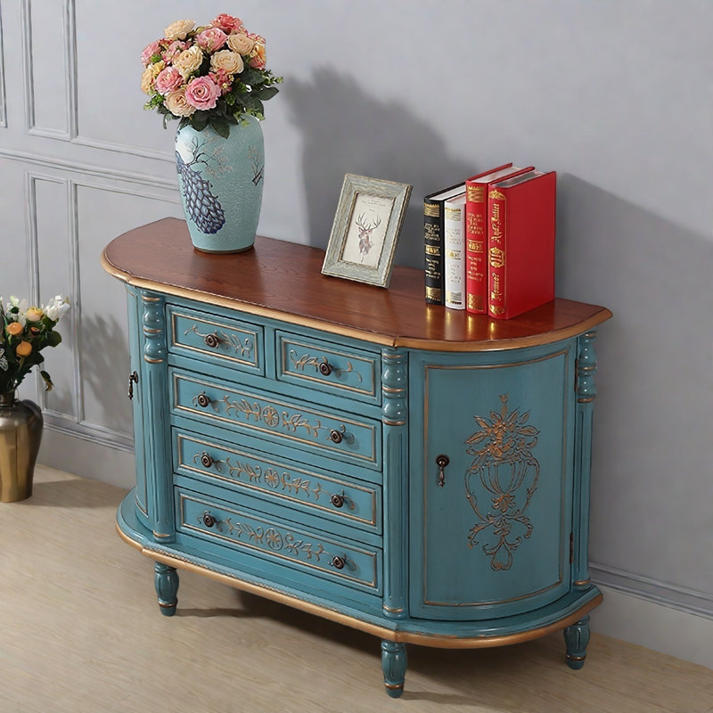 Buffet décoratif rustique en bois peint semi-circulaire