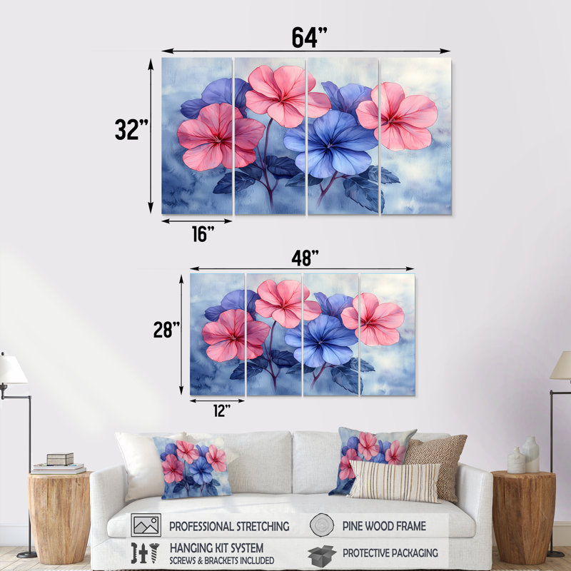 Aquarelle de géraniums à l'aquarelle bleue - Art mural géraniums - Art mural traditionnel, H 32 po x l 64 po, 4