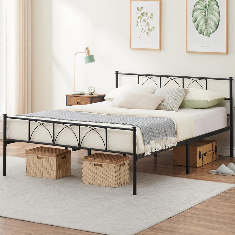 Modern Stylish Iron Bed Frame with Headborad & Footboard, No Box Spring Needed, Queen, Black