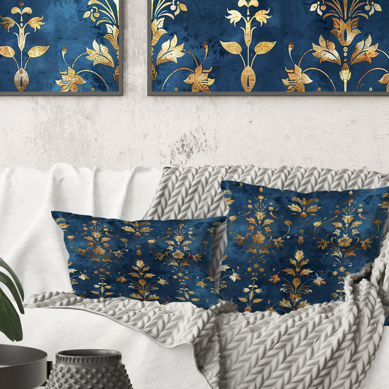 Coussin décoratif damassé Glam, Bleu / doré, H 16 po x l 16 po