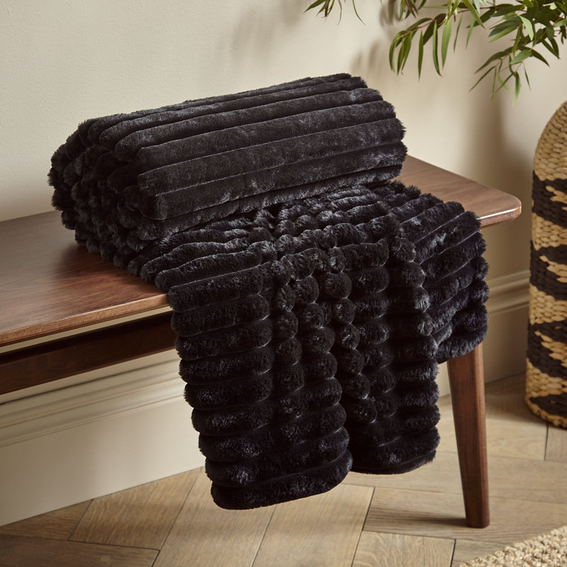 Cosy Ribbed Faux Fur Blanket Throw, Black