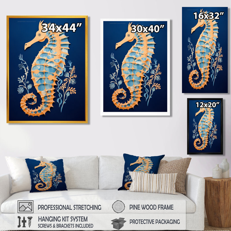 Hippocampe doré bleu sur fond bleu foncé - Hippocampe, art mural de salon, H 44 po x l 34 po x P 1,5 po