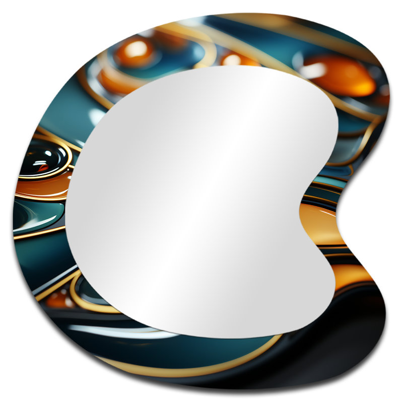 Franzl Gold and Emerald Fractal wave IV - Fractal Asymmetrical Decorative Wall Mirror, Modern Irregular Shape Mirror, Printed Metal Art