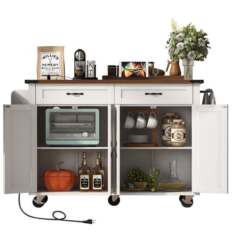 K&K 53.5''Farmhouse Kitchen Island With Power Outlet, Kitchen Storage Island With Drop Leaf, Spice Rack And Drawer, Rolling Kitchen Cart On Wheels, For Home, Kitchen And Dining Room, White