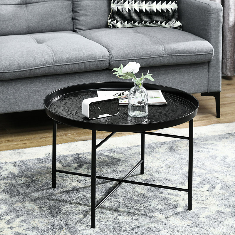Table basse ronde vintage en métal 24 po avec rehaussement martelé. Pour le salon, la chambre à coucher. Métal fin noir uni et élégant. Attrayant