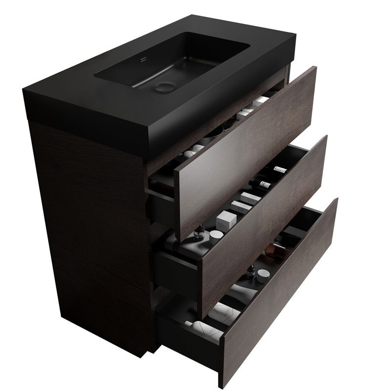 36" Walnut Bathroom Vanity With Sink - Modern, Spacious, And Stylish 36", Smooth Operation, Walnut, Black, 36"