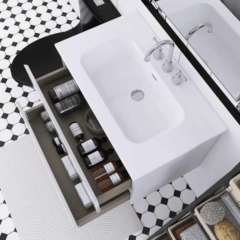 Meuble-lavabo flottant mural 30 po avec lavabo en céramique blanche, Blanc lustré