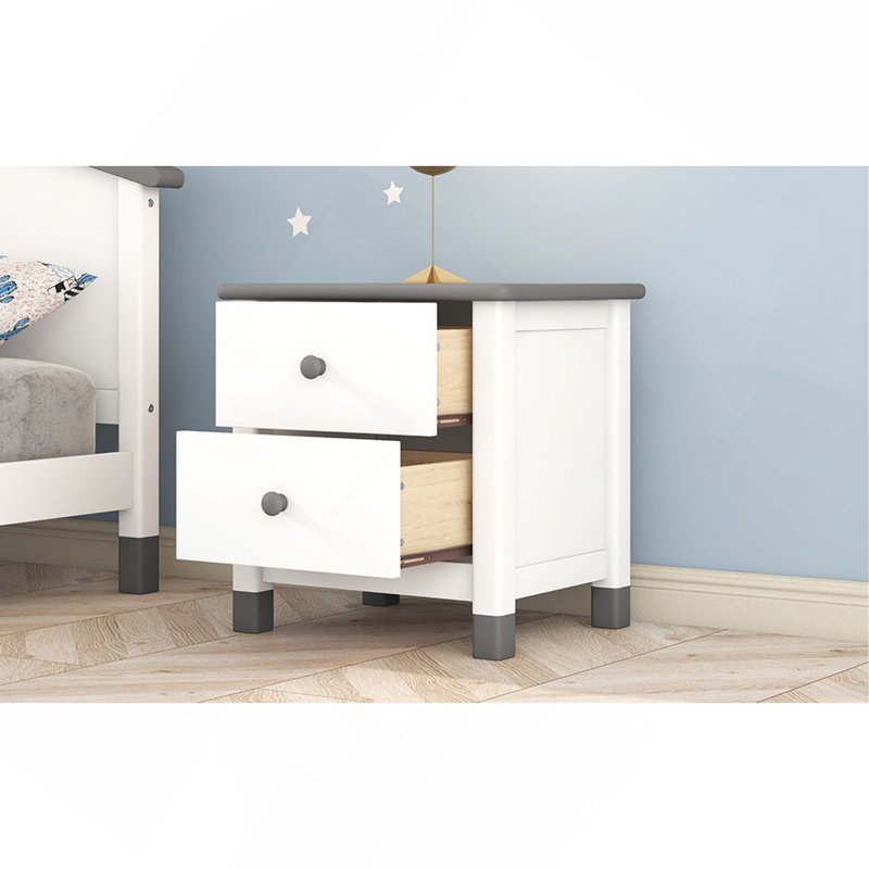 Table de chevet en bois avec deux tiroirs pour enfants, table de bout pour chambre à coucher, blanc et gris (ancien SKU: WF297965AAK)