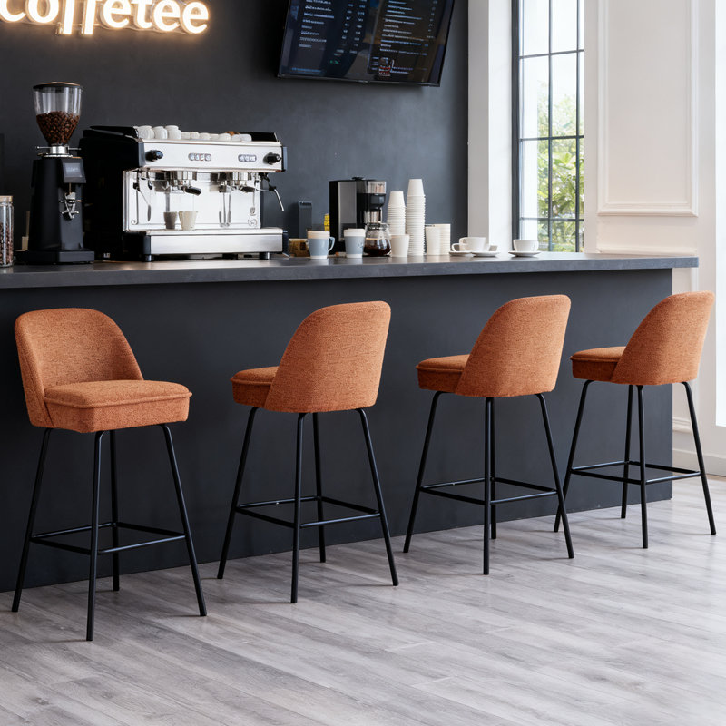 Padded Fabric Upholstered Bar Stools with Footrest Spring Cushion , Orange