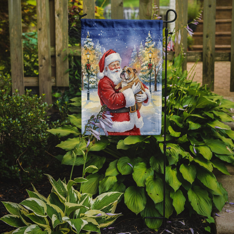Bouledogue anglais avec le drapeau du jardin du père Noël, Taille du jardin, Bouledogue anglais