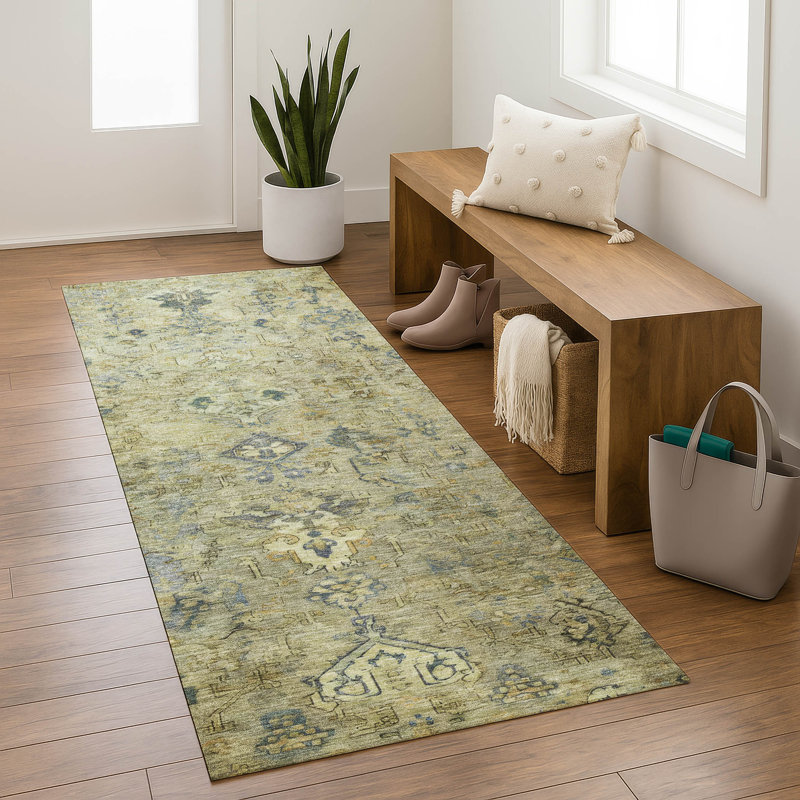 Premium Machine Washable Mayfield Global Rug, 2'3" x 7'6" Runner, Green