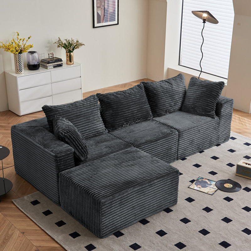 Boneless 108" W Reversible Modular Sectional with No Assembly Required, Gray 