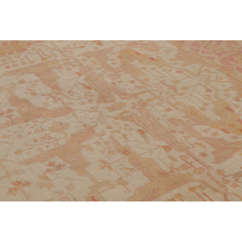 Antique Turkish Oushak Rug In Cream And Pink With Floral Medallion - Rug & Kilim