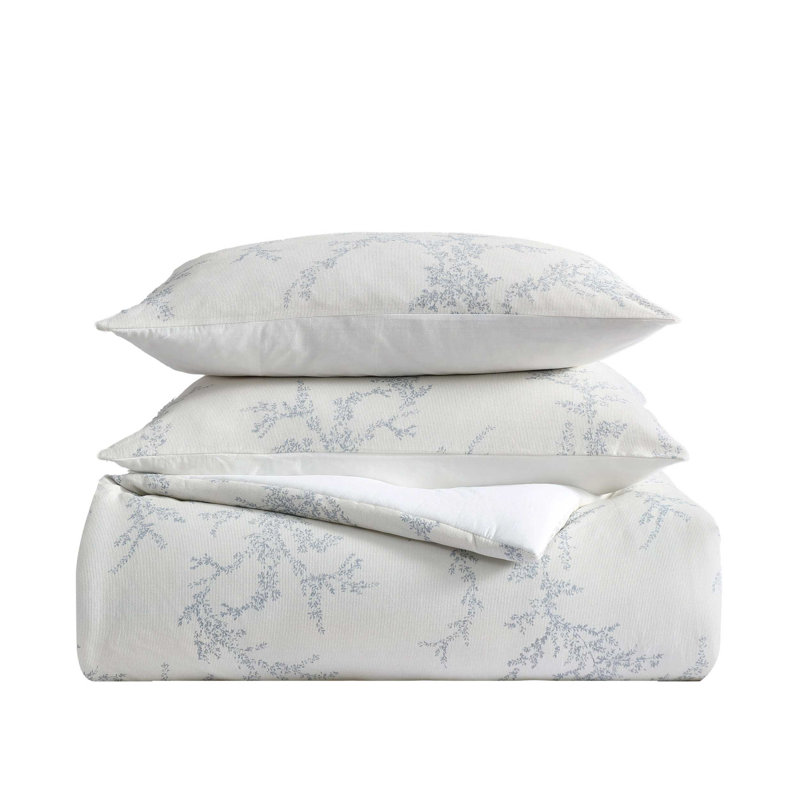 Vera Wang Trailing Vines Cotton Reversible Beige Duvet Cover Set, Queen Duvet Cover + 2 Standard Shams