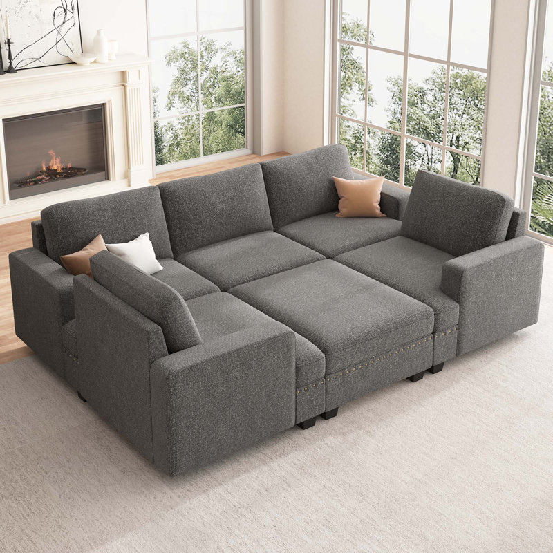 Canapé-lit modulaire en U avec espace de rangement Anureet, Polyester gris clair, Oui, H 35 po x l 93,38 po x P 65 po
