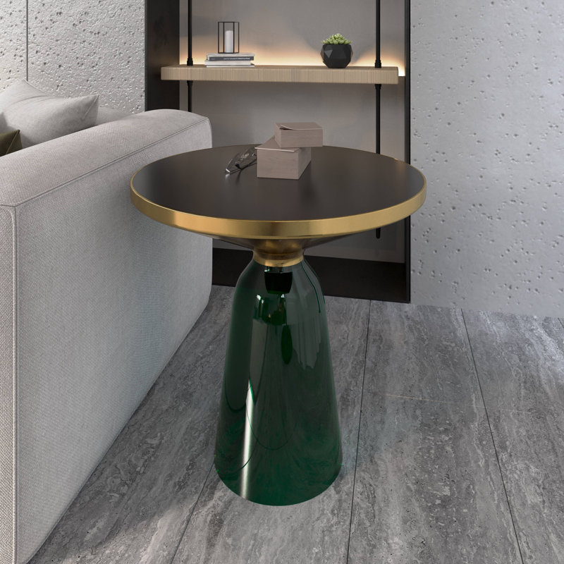 19" Round Side End Table Glass/Sintered Stone Top With Brushed Gold Rim And Tempered Glass Base, Green, Black 