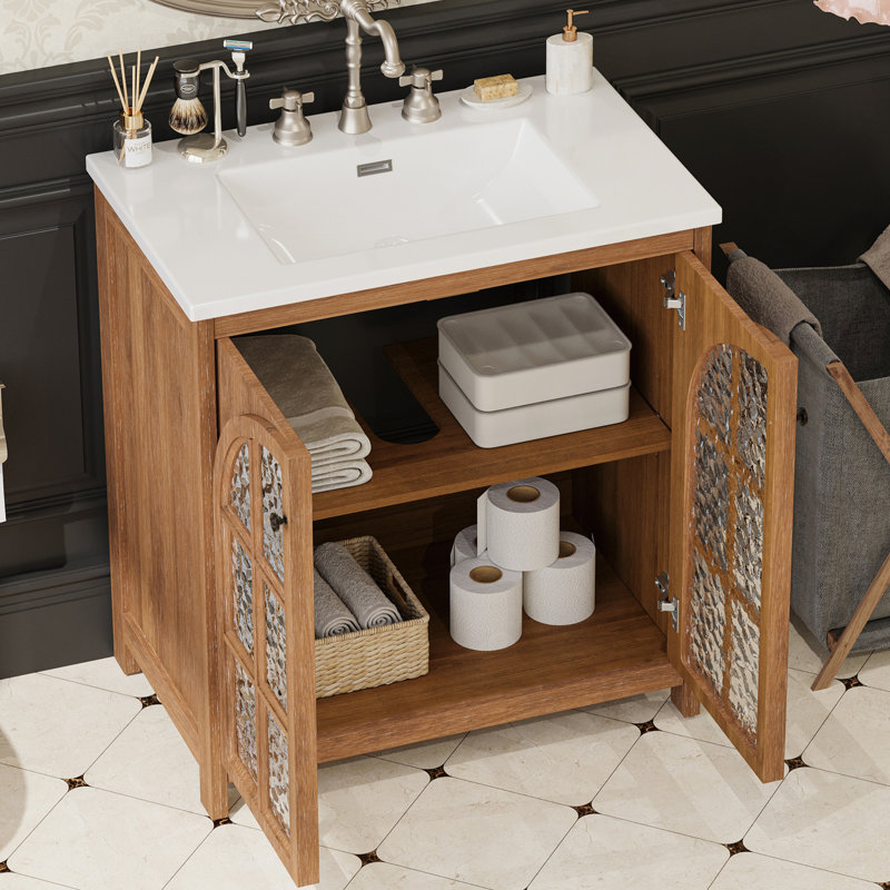 Meuble-lavabo vintage de 31 pouces avec lavabo en céramique, poignées en bronze et verre trempé pour un style antique élégant