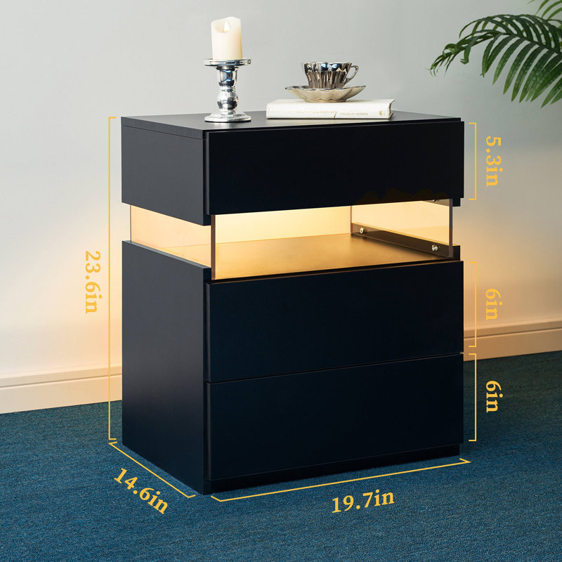 Commode 3 tiroirs à DEL pour tables de bout avec tables en acrylique et tables de chevet à DEL, Noir