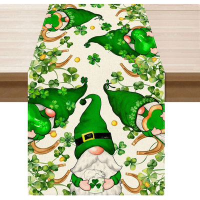Gnomes, Green Shamrocks, And Clovers Table Runner, St. Patrick’S Day Party And Kitchen Decor