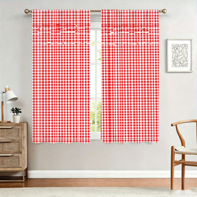 2Pcs Gingham Curtains, Buffalo Check Pattern, Light Filtering Fabric, Vintage Red and White Plaid, Rod Pocket Design, Privacy Protection for Kitchen, Dining Room, Cafe, Home Decor