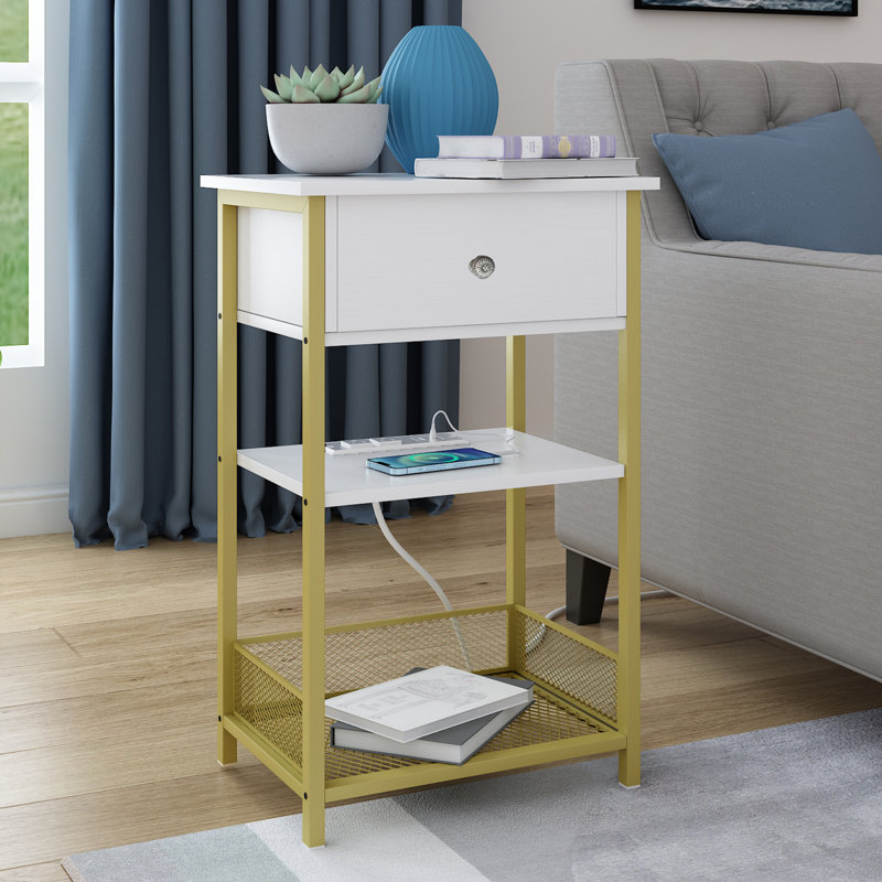 Phawak USB Port & Power Outlet Metal Nightstand, White