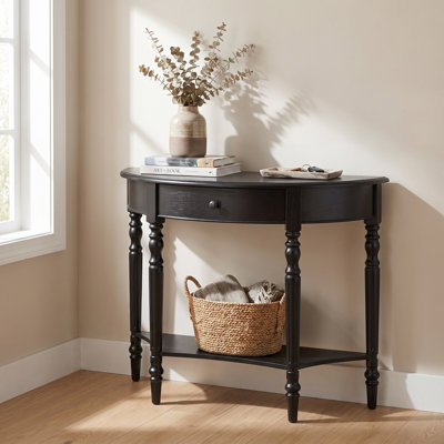 Console demi-lune avec tiroir et tablette inférieure, table d'appoint rustique de style campagnard avec pieds en pin massif et pieds réglables