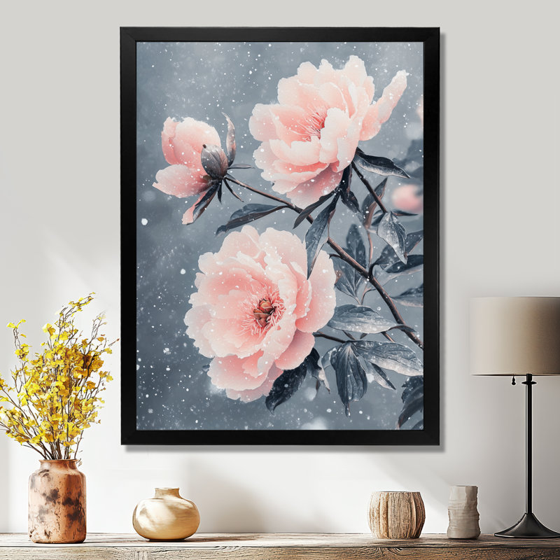 Pivoines au vent d'hiver II - décoration murale florale, H 32 po x l 16 po, Reproduction encadrée d'une seule photo, Noir