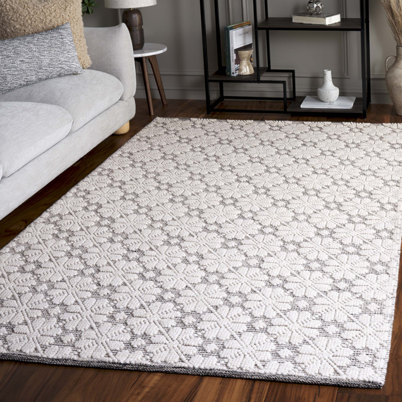 Tapis ivoire / gris en laine tissé à la main Sharene, Rectangle 5 pi x 8 pi