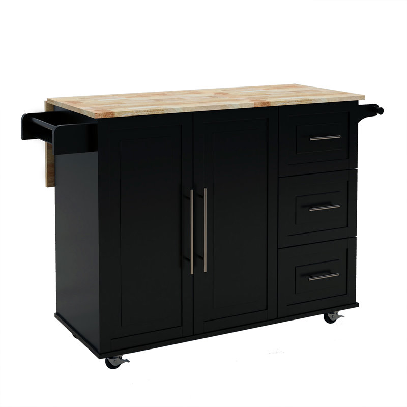 Îlot de cuisine avec support à épices, porte-serviettes et plateau de table en bois massif extensible - noir, Noir