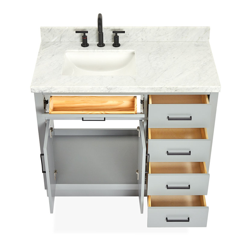 Meuble-lavabo simple en bois massif Tidworth de 42 po avec plateau en marbre de Carrare de 1,5 po, Gauche, Gris