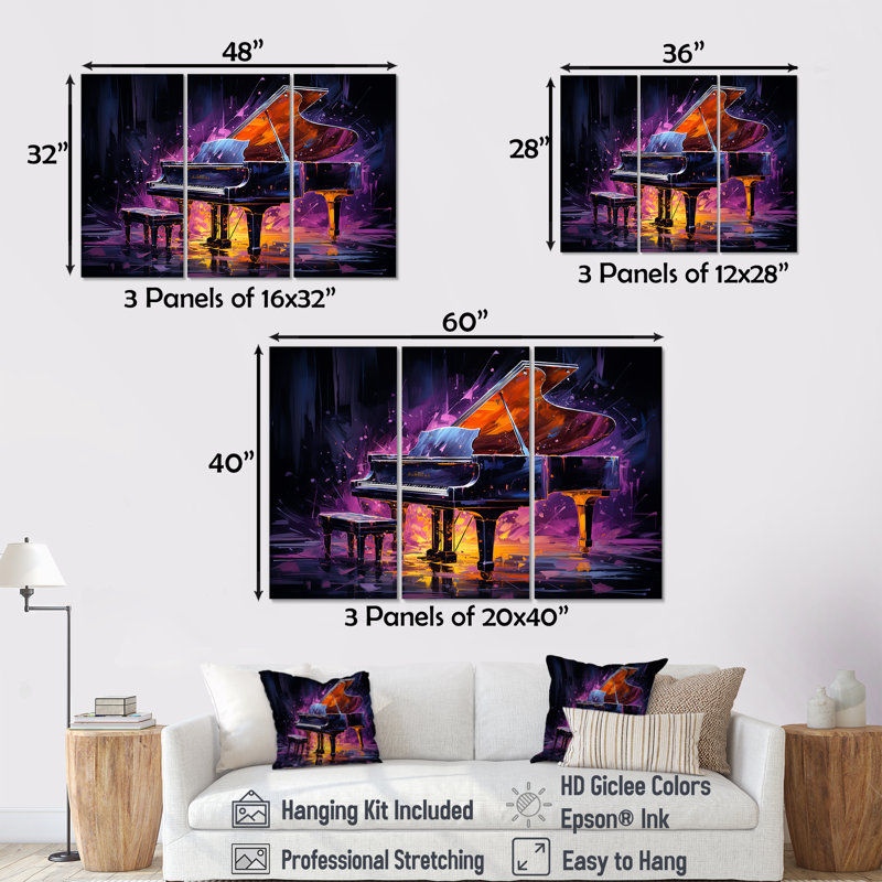 «Purple Piano Neon Nocturne», ensemble d'art mural sur toile, H 40 po x l 60 po x P 1 po